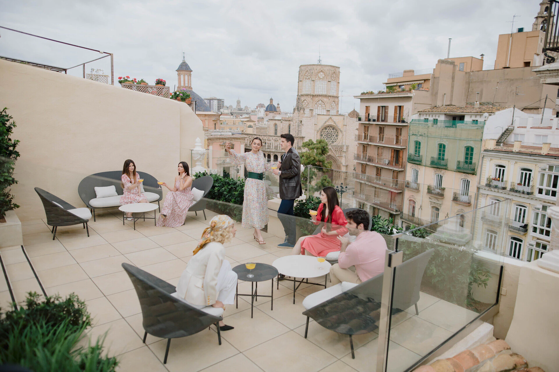 The rooftop terrace of Palacio Vallier, looking over the old town towards the cathedral